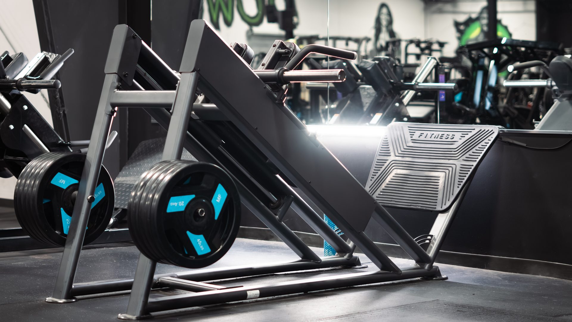 Leg sled loaded with plates at Species Gym Katy