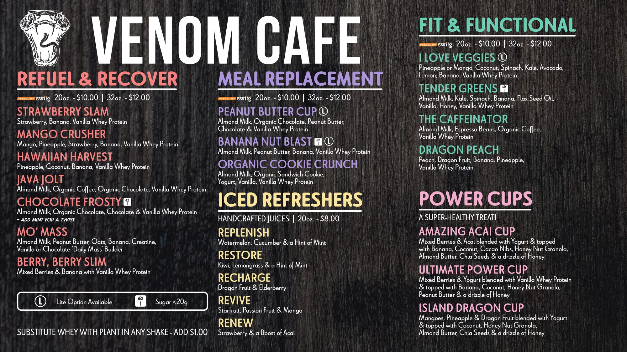 Venom Cafe digital menu at Species Gym Katy